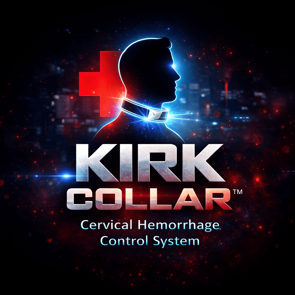 KIRK Collar wordmark over a dark cervical silhouette with medical cross accent